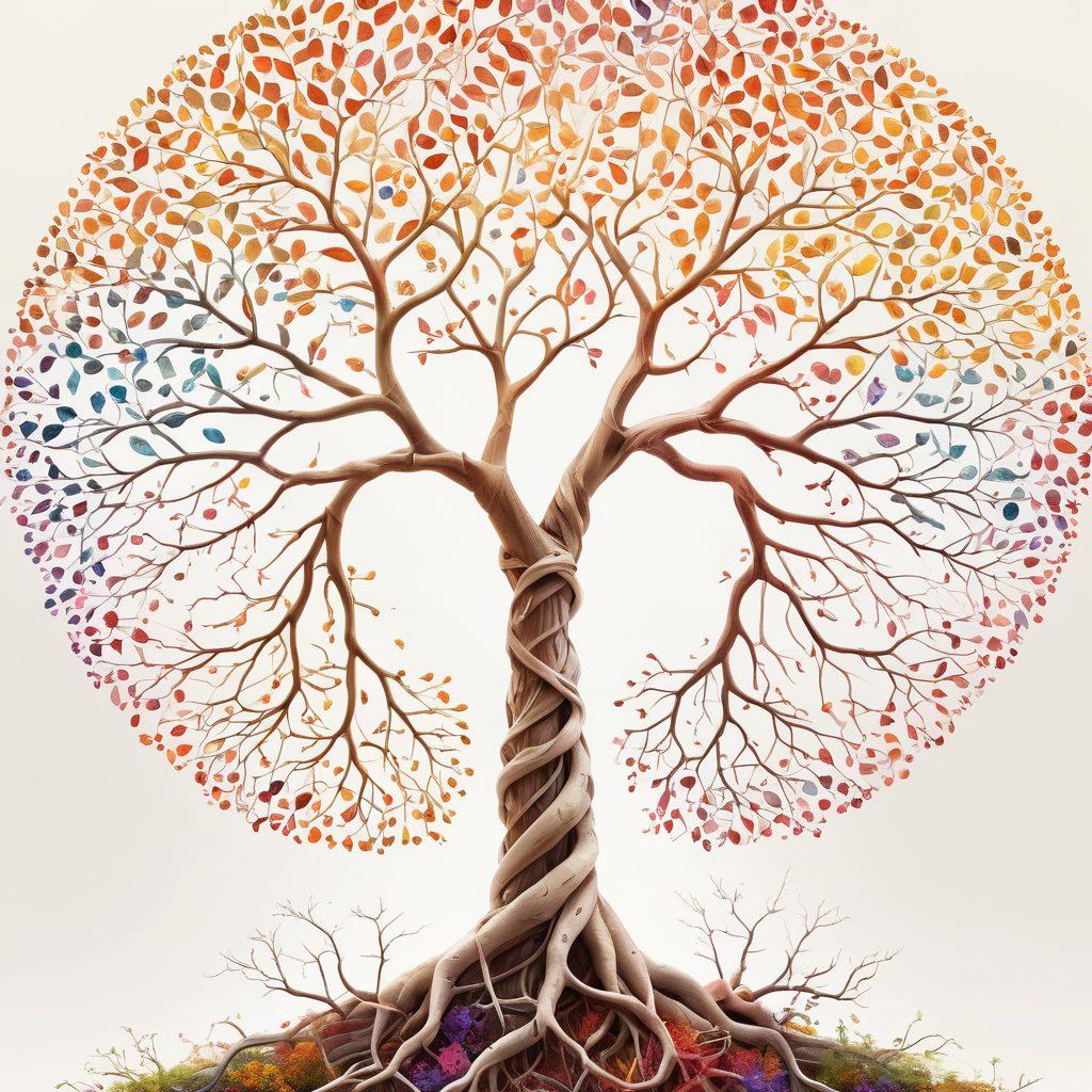 A vibrant family tree intricately illustrating genetic connections, with DNA strands weaving through branches. Overlay symbols of cancer cells subtly integrated into the leaves. Include a diverse family gathered thoughtfully, analyzing a medical report. A soft, hopeful light filters through; showcasing resilience and unity. super-realistic. vibrant colors. white background.